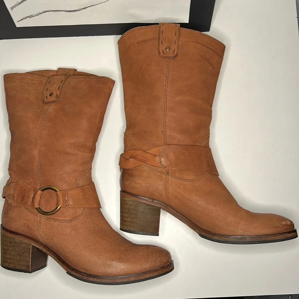 Johnston & Murphy Mid Calf Brown Leather Moto Style Pull On Harness Boots Size 8 - Picture 3 of 16